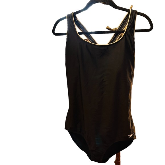 SPEEDO Racerback Black One-Piece Swimsuit w/ White Trim Excellent Condition - Picture 1 of 5